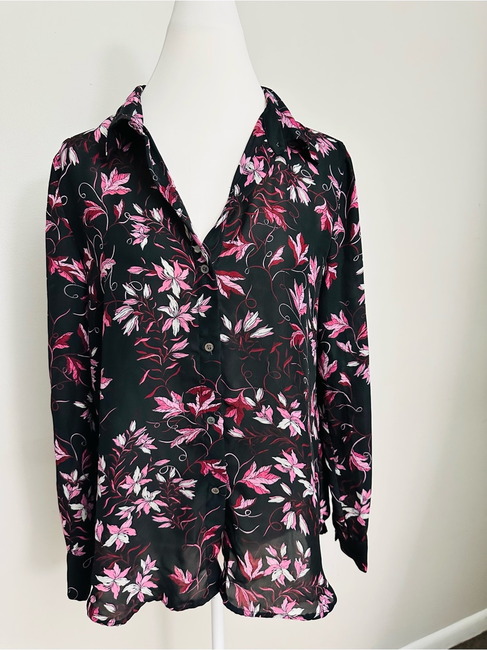 Tahari Black Button-Down Blouse with Pink Floral Print
